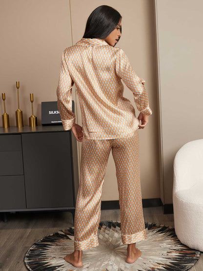 Zuivere Zijde Geometrisch Lange Mouw Dames Pyjama Set