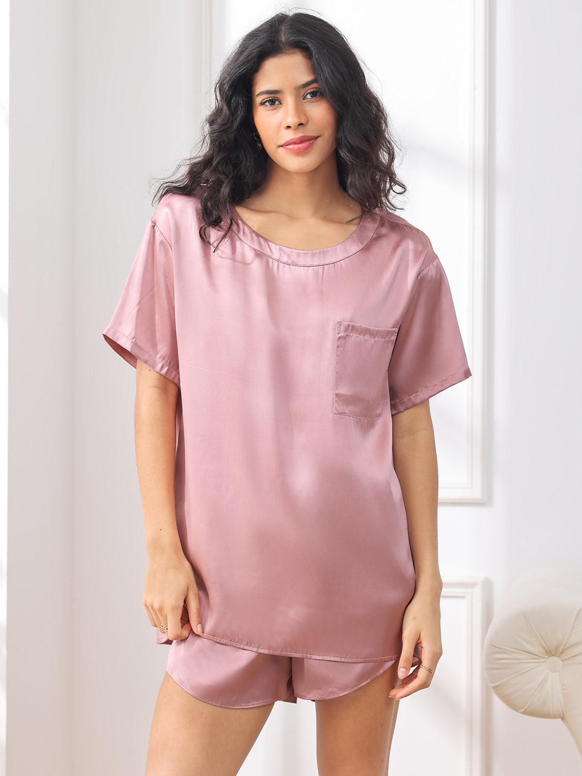 Dames Zijde Oversized T-Shirt Korte Pyjama Set