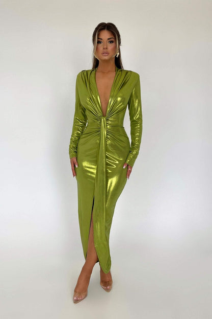 Ailiyah Metallic V-hals split midi-jurk