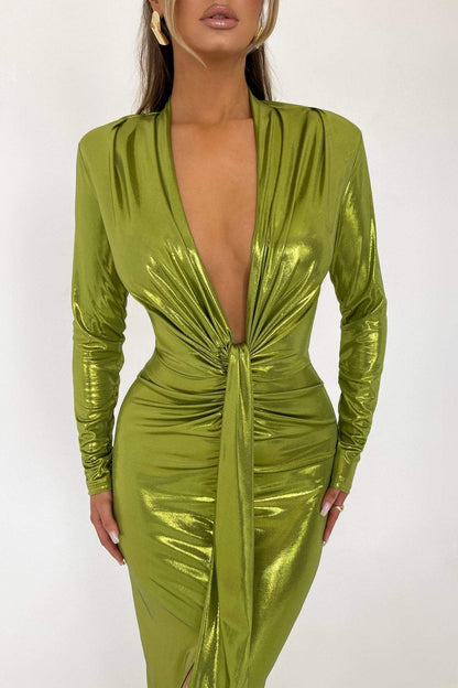 Ailiyah Metallic V-hals split midi-jurk