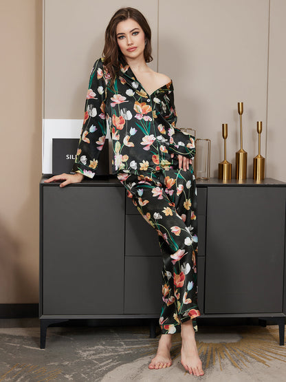 Zuivere Zijde Bloemenpatroon Dames Pyjama Set