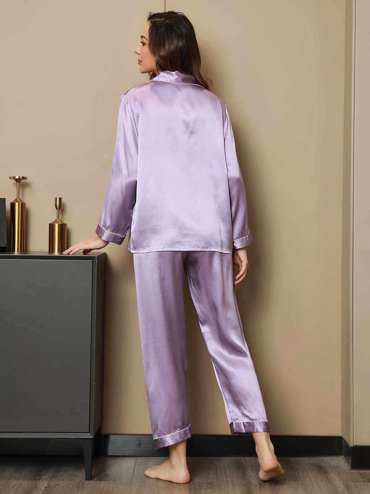 Dames Natuurlijke Zijde Lange Mouwen Pyjama Set