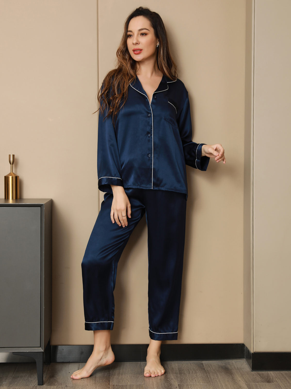 Moerbei Zijde Binding Trim Pyjama Set 2Pcs