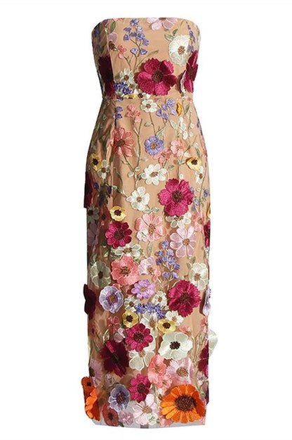 Belle geborduurde bloemen strapless midi-jurk