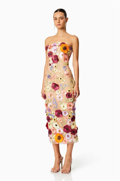 Belle geborduurde bloemen strapless midi-jurk