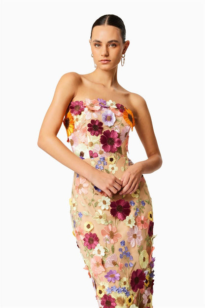 Belle geborduurde bloemen strapless midi-jurk