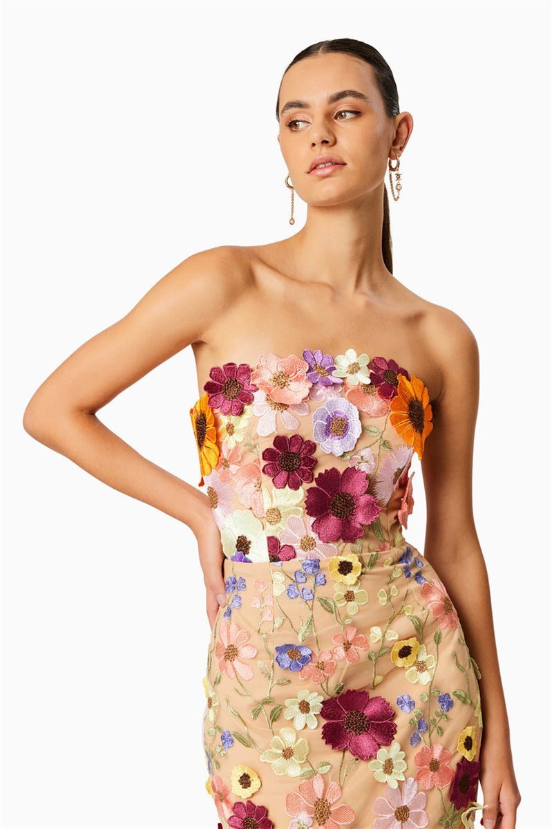 Belle geborduurde bloemen strapless midi-jurk