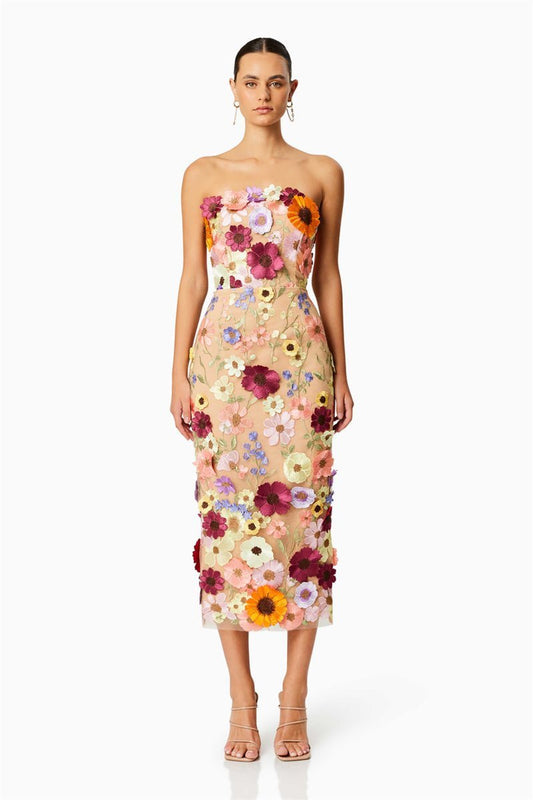 Belle geborduurde bloemen strapless midi-jurk