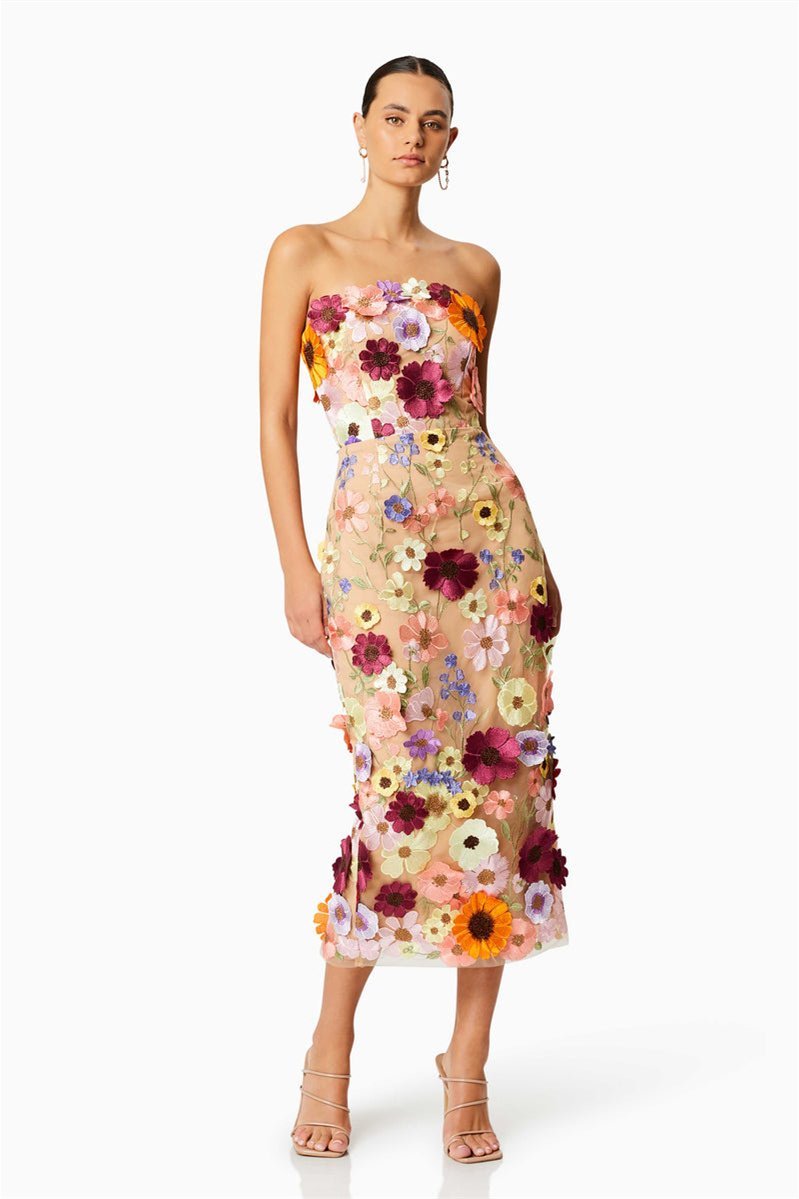 Belle geborduurde bloemen strapless midi-jurk