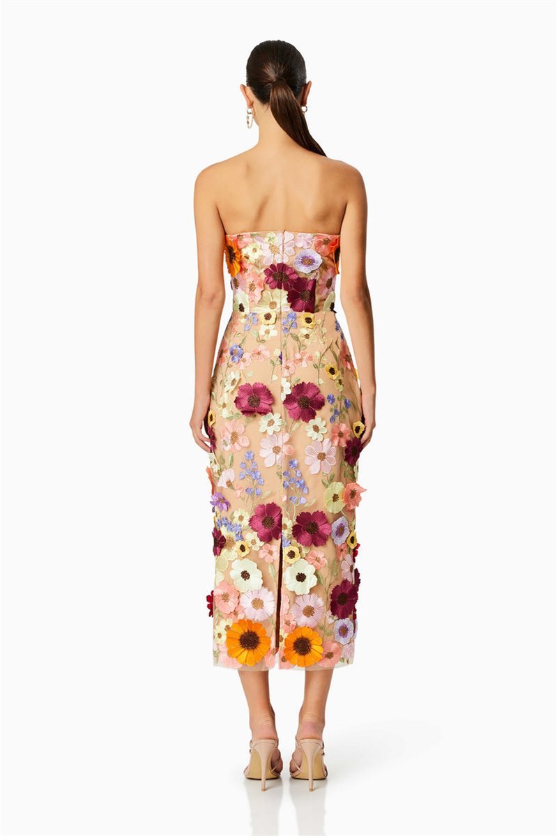 Belle geborduurde bloemen strapless midi-jurk