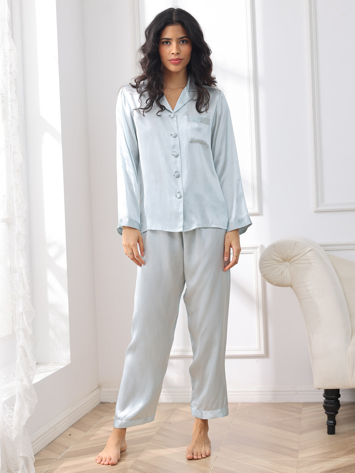 Zuivere Zijde Button Up Dames Pyjama Set