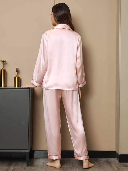 Moerbei Zijde Binding Trim Klassiek Pyjama Set 2Pcs