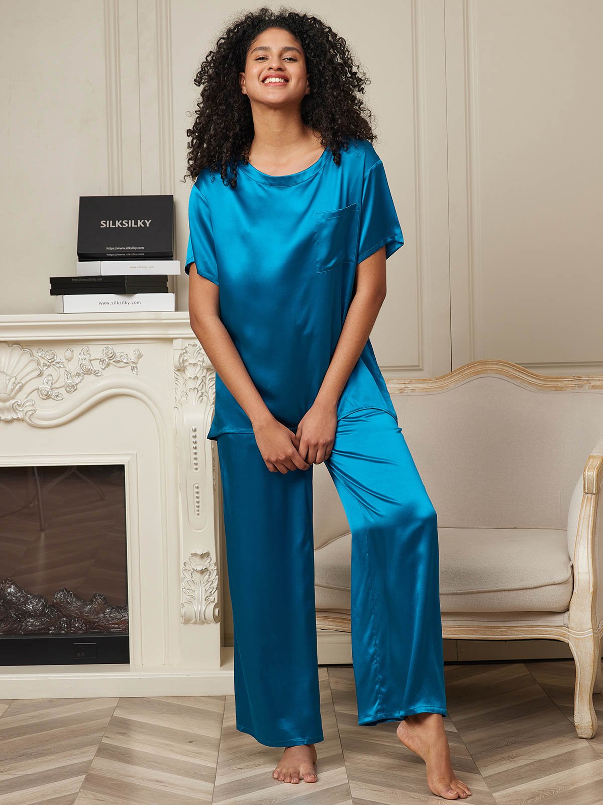 Zuivere Zijde Korte Mouw Dames Pyjama Set