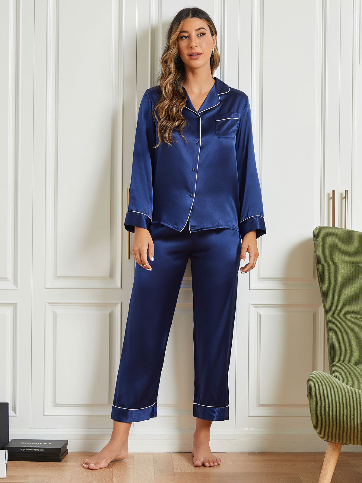 Binding Trim Lange Mouw Moerbei Zijde Pyjama Set