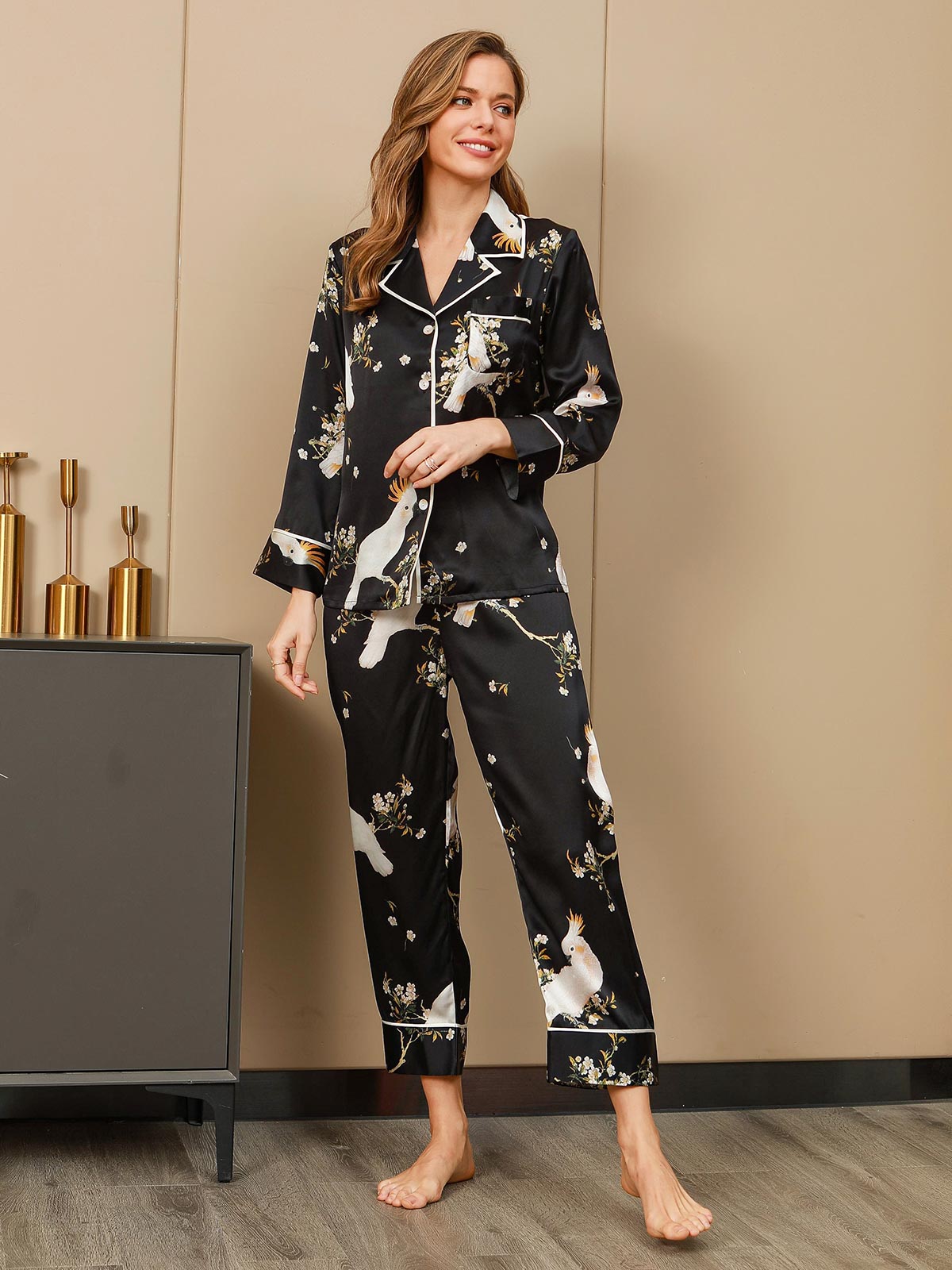 Plant Gedrukt Moerbei Zijde Pyjama Set 2Pcs