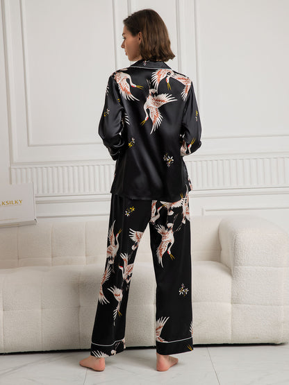 Dames Zijde Crane Print Lange Pyjama Set