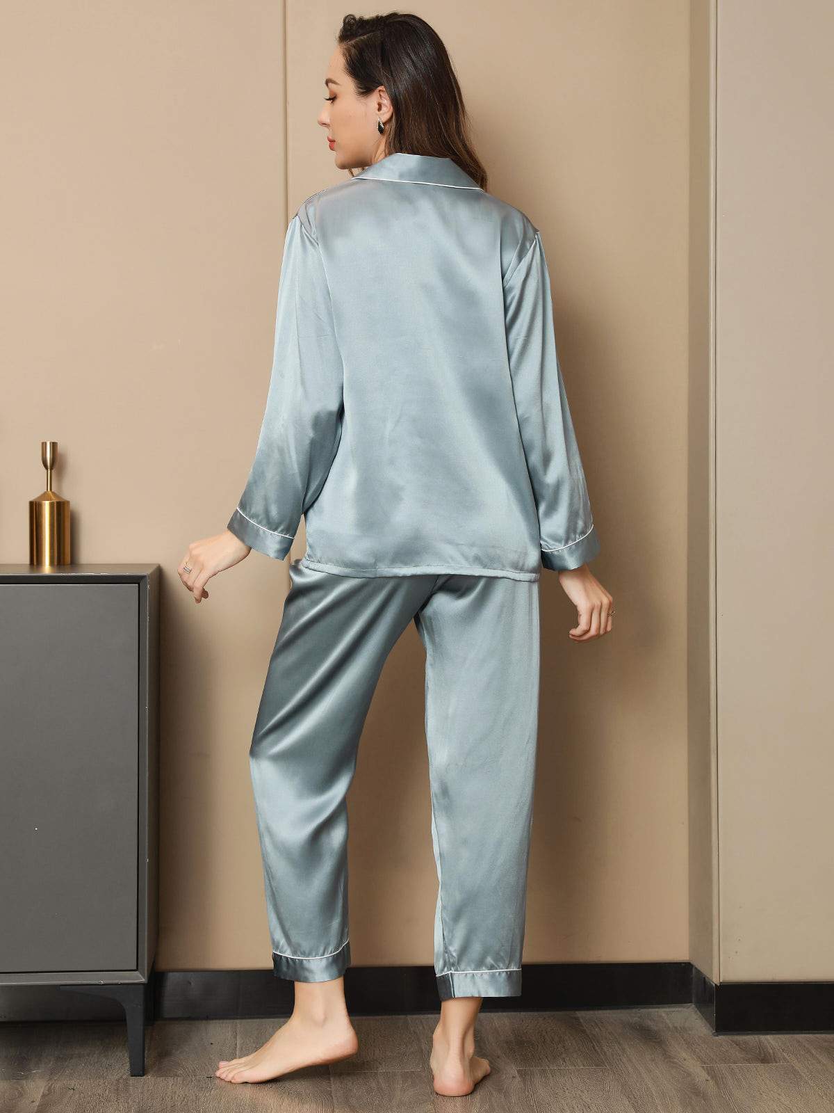 Moerbei Zijde Binding Trim Klassiek Pyjama Set 2Pcs