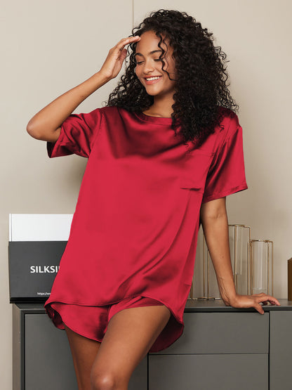 Zuivere Zijde Effen Kleur Dames Pyjama Set