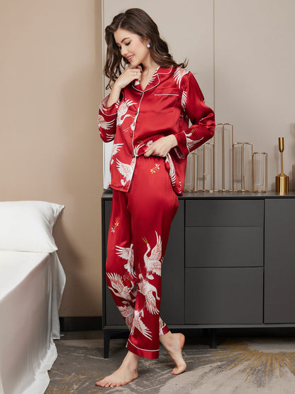 Dames Zijde Crane Print Lange Pyjama Set