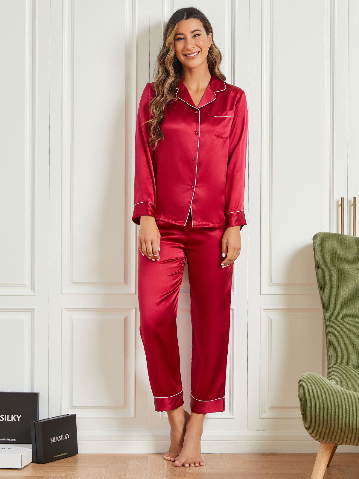 Binding Trim Lange Mouw Moerbei Zijde Pyjama Set