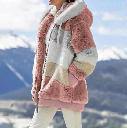 2024 Women's Plush Colorblock Hooded Winter Jacket with Pockets