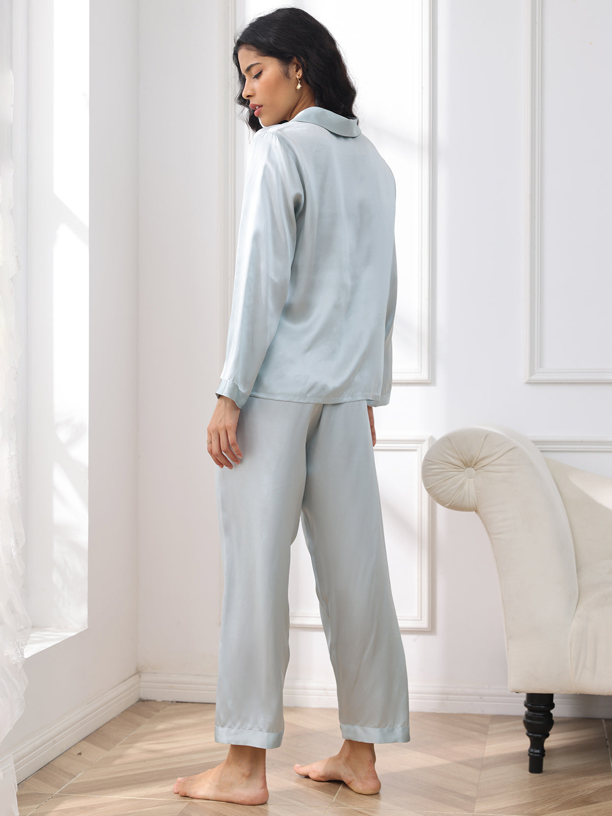 Dames 100% Moerbeizijde Pyjama Set Met Lange Mouwen