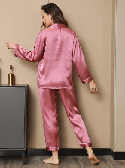 Moerbei Zijde Binding Trim Klassiek Pyjama Set 2Pcs