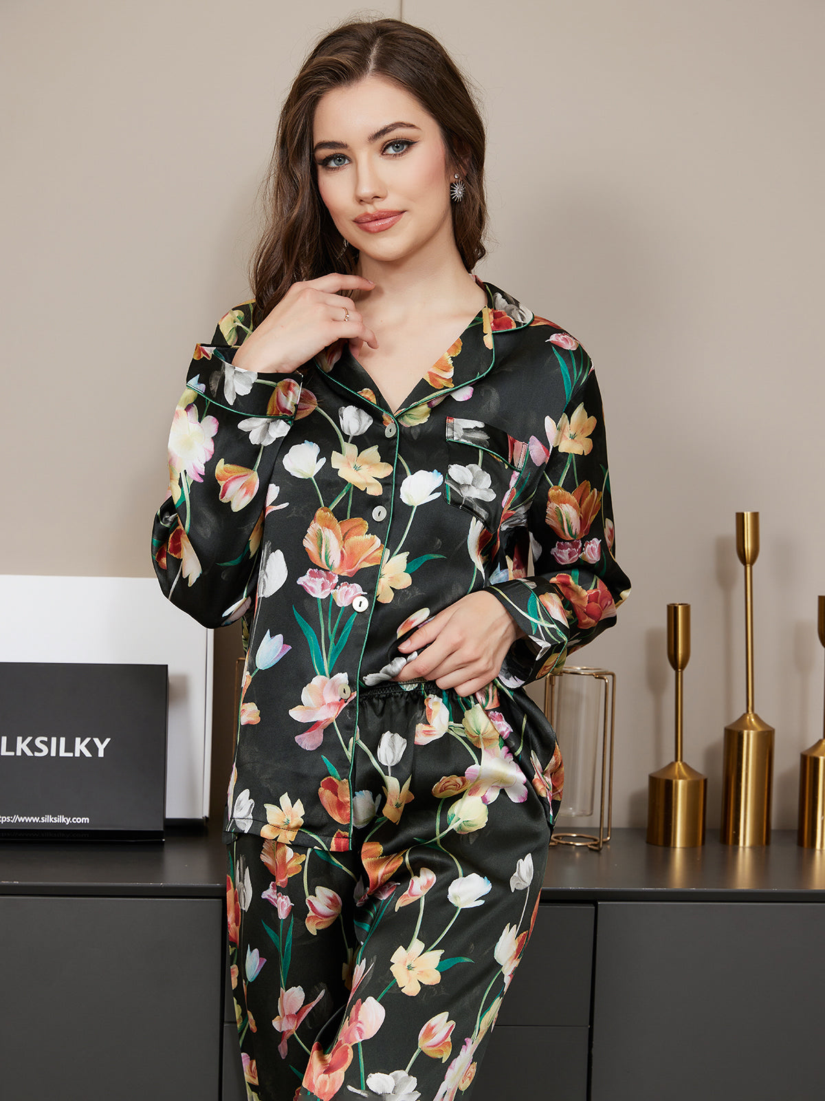 Zuivere Zijde Bloemenpatroon Dames Pyjama Set