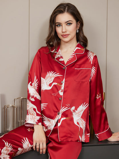 Dames Zijde Crane Print Lange Pyjama Set