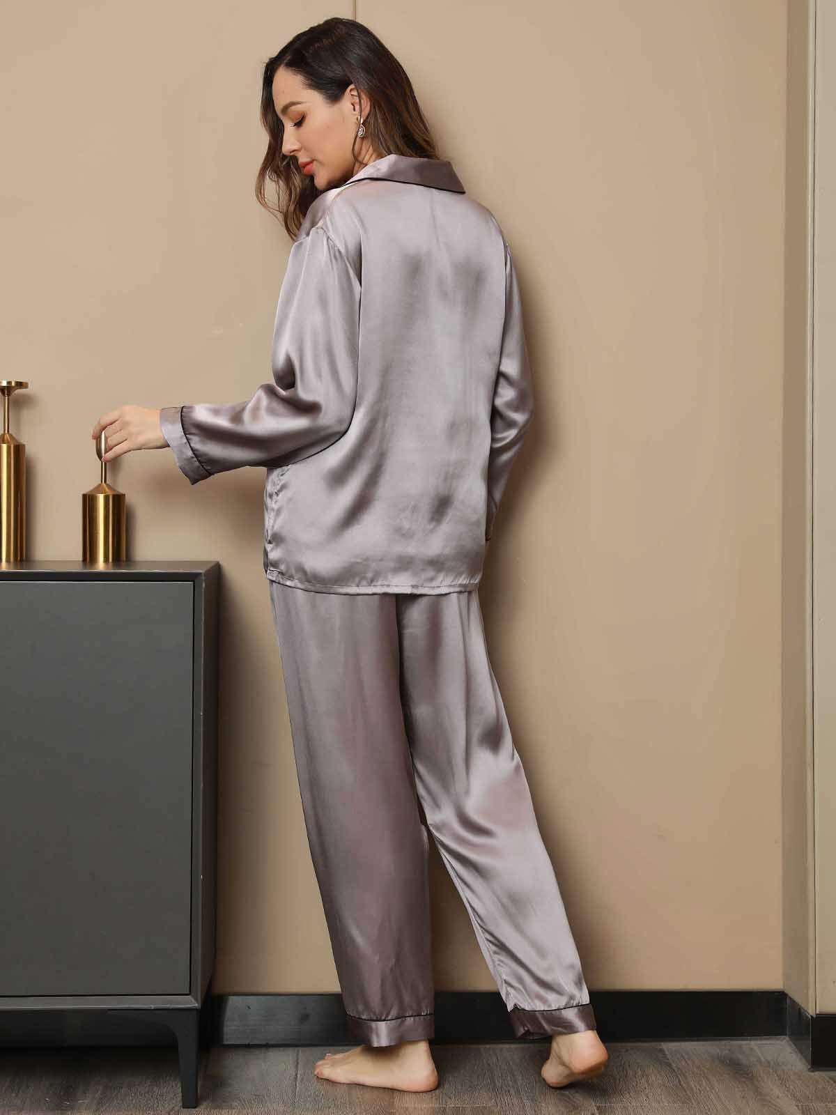 Moerbei Zijde Binding Trim Klassiek Pyjama Set 2Pcs