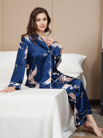 19Momme Zuivere Zijde Printed Klassiek Binding Trim Dames Pyjama Set.