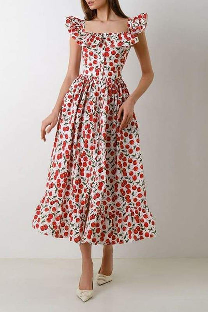 Griselda Cherry Print Volang Midi-jurk