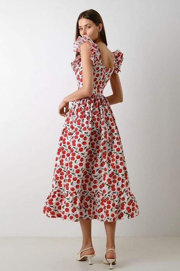 Griselda Cherry Print Volang Midi-jurk