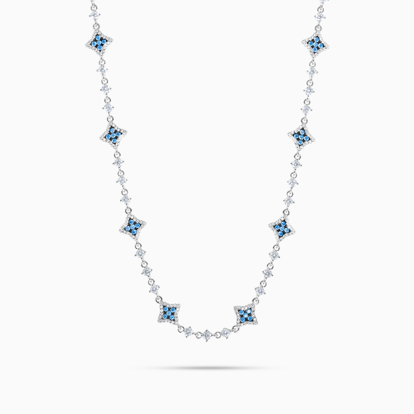 Silver Flower Tennis Chain - Blue Stones