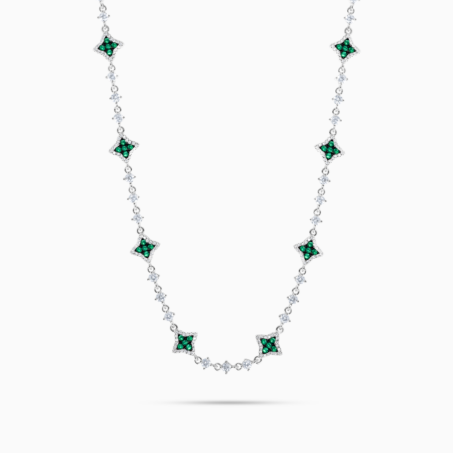 Silver Flower Tennis Chain - Green Stones