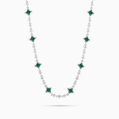 Silver Flower Tennis Chain - Green Stones