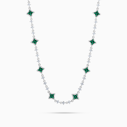 Silver Flower Tennis Chain - Green Stones