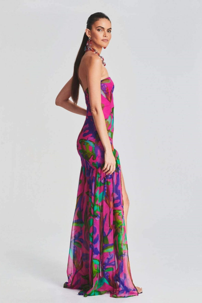 Pam bedrukte strapless split maxi-jurk