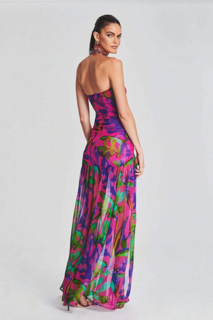 Pam bedrukte strapless split maxi-jurk