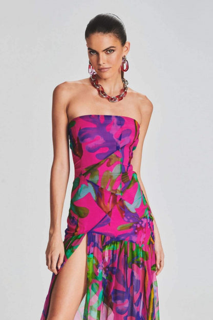 Pam bedrukte strapless split maxi-jurk