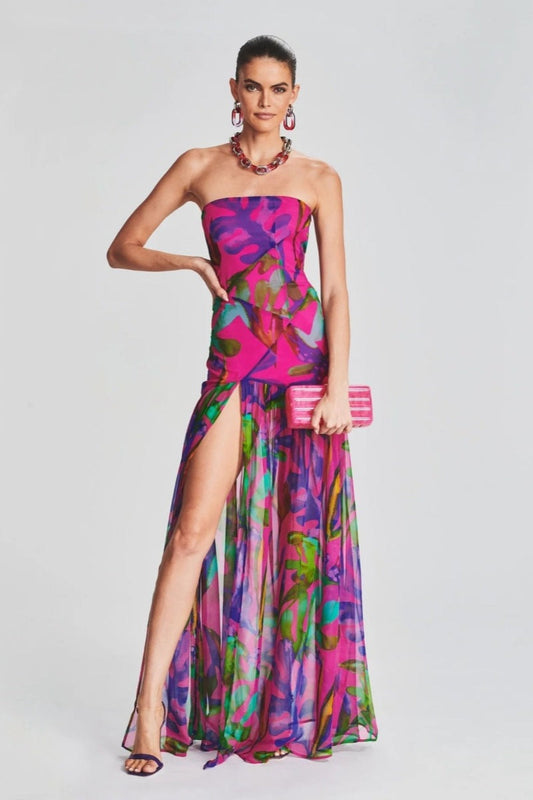 Pam bedrukte strapless split maxi-jurk