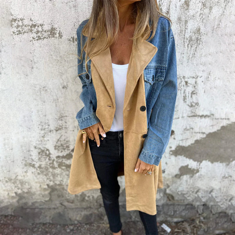 Mid-Length Trench Coat with Stitching in Denim Jean